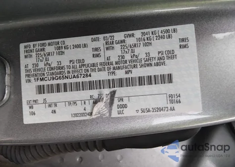 2022 Ford Escape Se из США, поврежденный, VIN 1FMCU9G65NUA67284